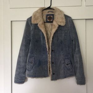 Baby blue corduroy jacket with faux sheep fur trim